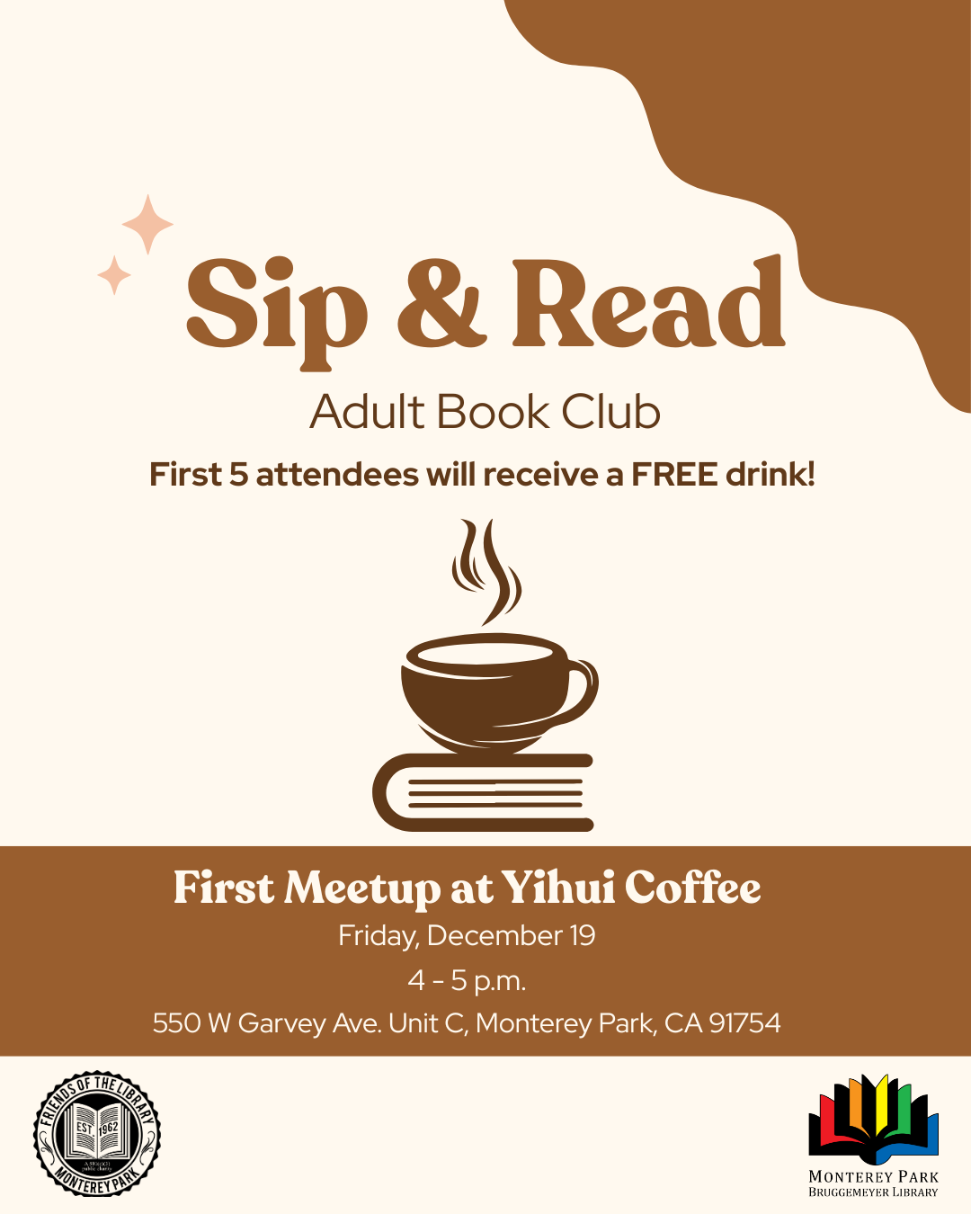 Flyer with event details, coffee image in center