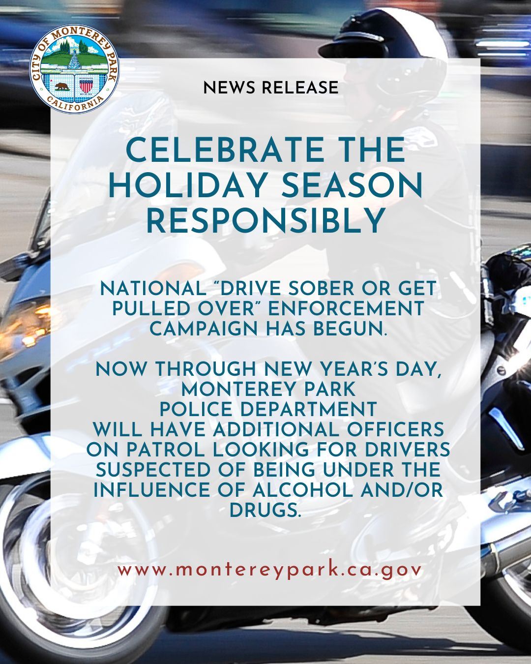 News release promoting sober driving and holiday DUI enforcement by Monterey Park Police.