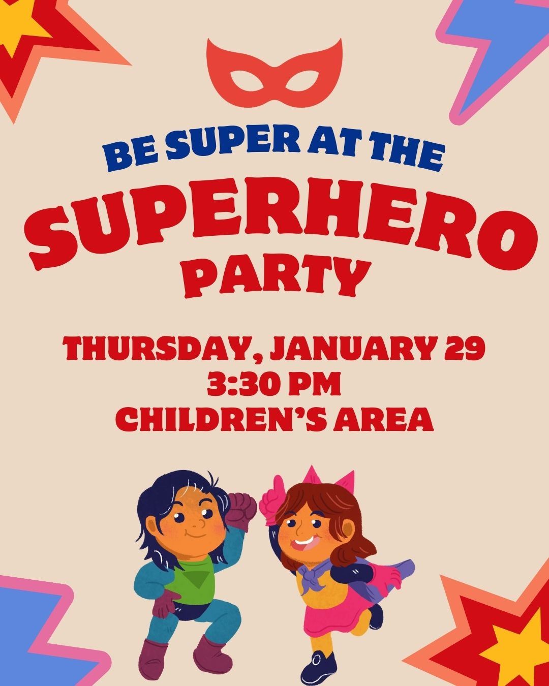 Superhero kids jumping under text for Superhero Party on January 29 at 3:30 