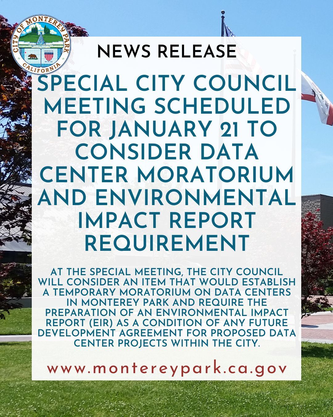 Monterey Park's news release about a special city council meeting on Jan 21 to discuss a data cen